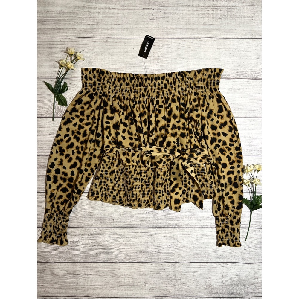 EXPRESS Leopard Print Off The Shoulder Smocked Sash Tie Top - Size Medium M
